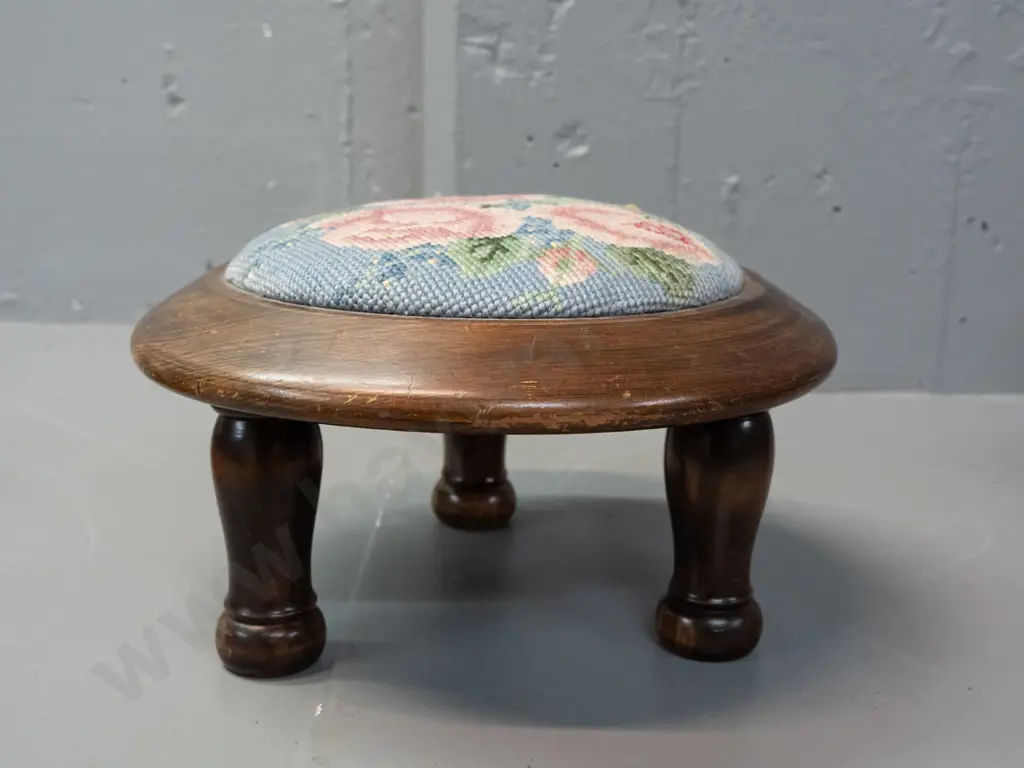 small dark stained rimu circular foot-stool with 3 turned legs, floral needlework top - some wear H-180 D-300 Image 1++