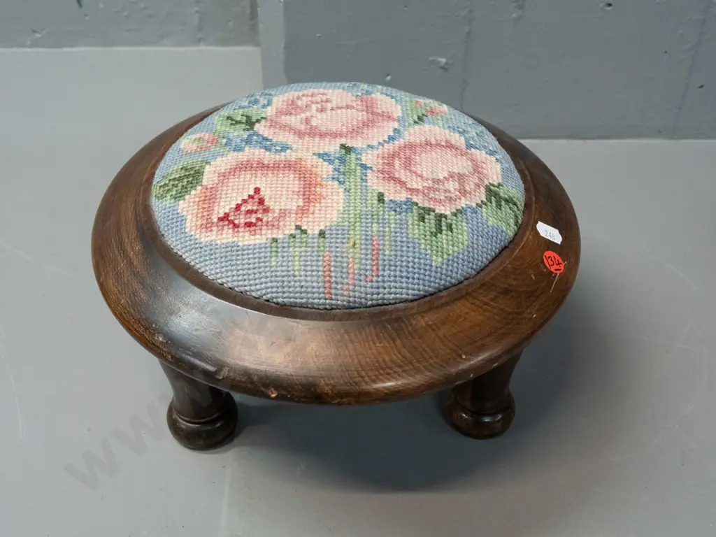 small dark stained rimu circular foot-stool with 3 turned legs, floral needlework top - some wear H-180 D-300 Image 1++