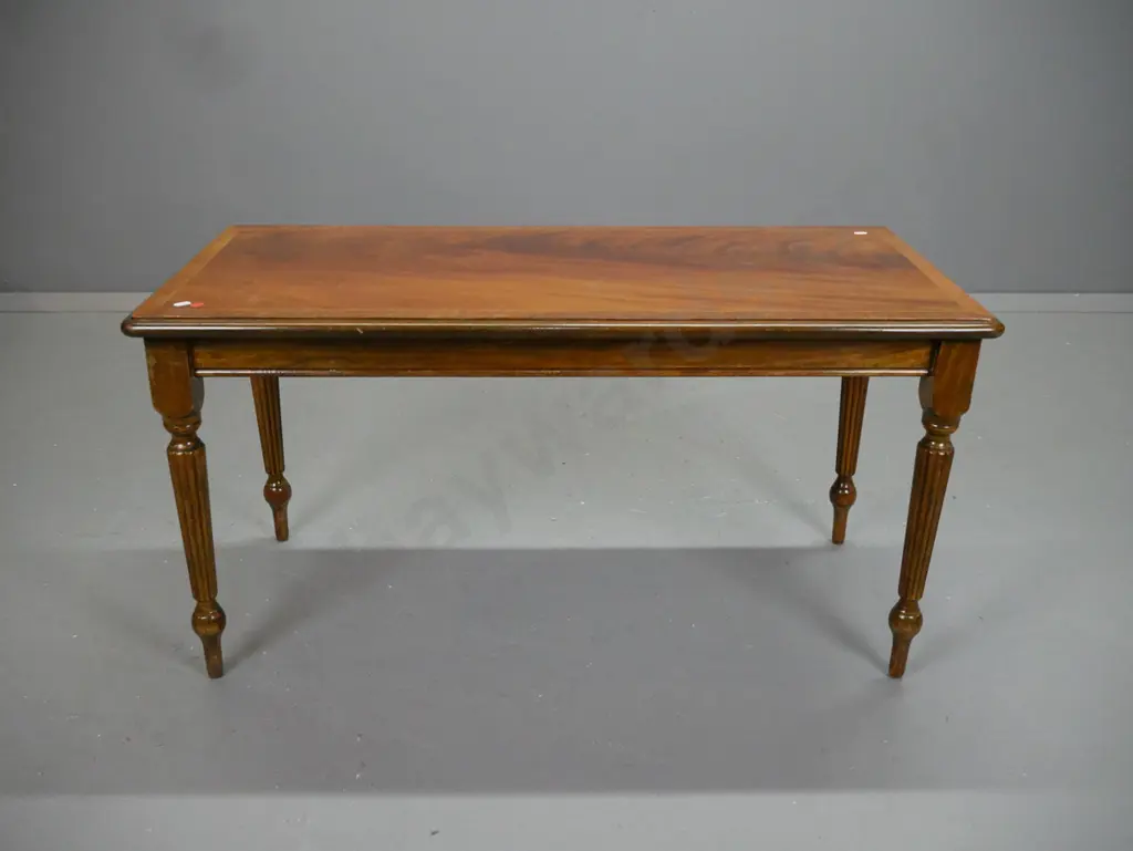 reproduction Regency style beech coffee table with turned and fluted legs, flame mahogany & cross banded walnut veneer Image 1++