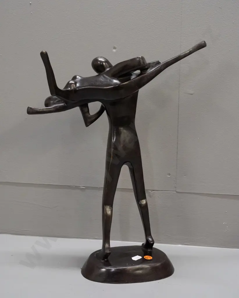 cast metal dancing couple figure with bronze patina finish, unknown maker, some rubbing to finish on top of head and Image 1++