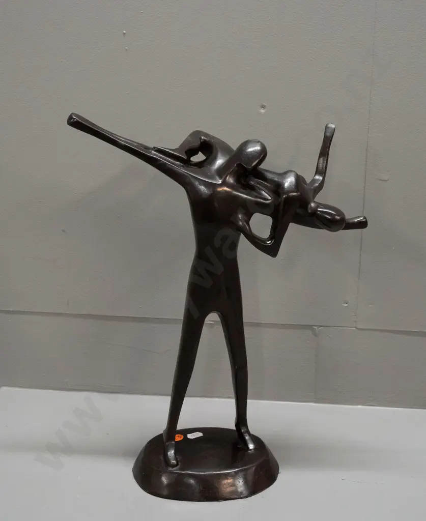 cast metal dancing couple figure with bronze patina finish, unknown maker, some rubbing to finish on top of head and Image 1++