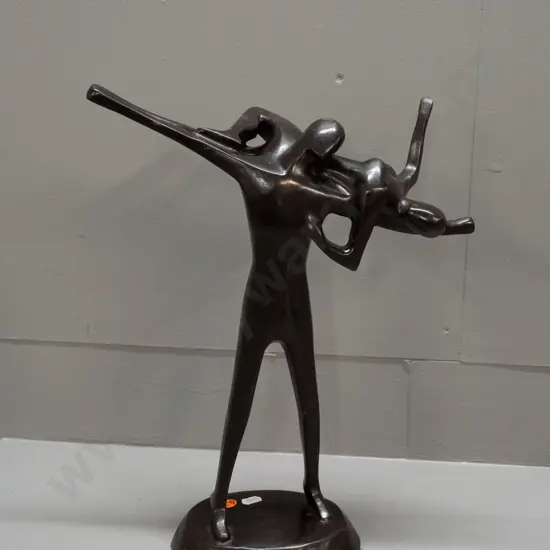 cast metal dancing couple figure with bronze patina finish, unknown maker, some rubbing to finish on top of head and