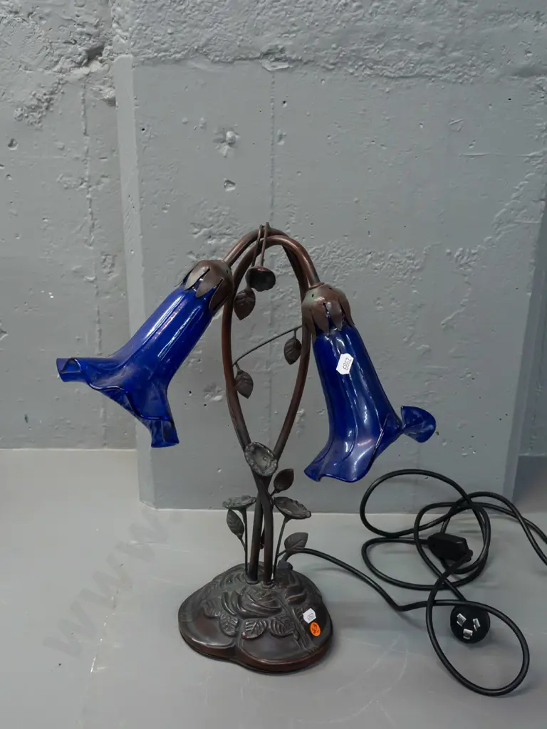 reproduction deco style lily motif table lamp with 2 lustre cobalt blue glass shades, cast metal bronze finish base - Image 1++