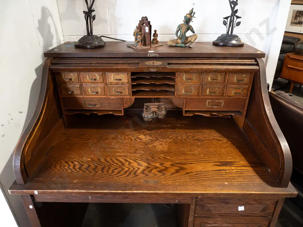 vintage oak Cutler wave roll desk, single pedestal, 4 drawers with slide top, with internal locking Image 1++