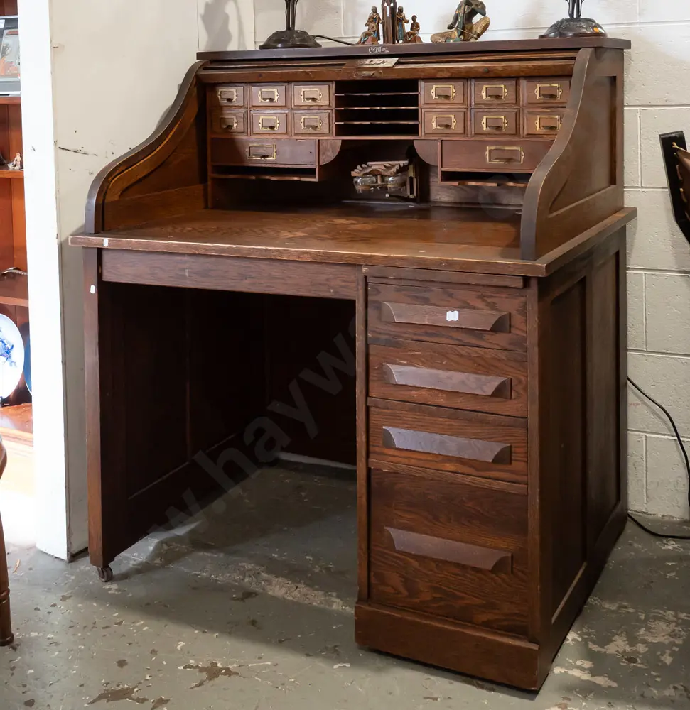 vintage oak Cutler wave roll desk, single pedestal, 4 drawers with slide top, with internal locking Image 1++