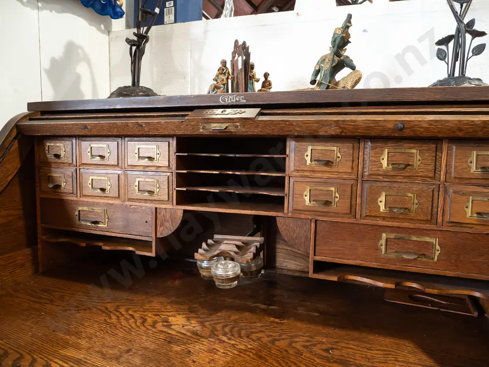 vintage oak Cutler wave roll desk, single pedestal, 4 drawers with slide top, with internal locking Image 1++
