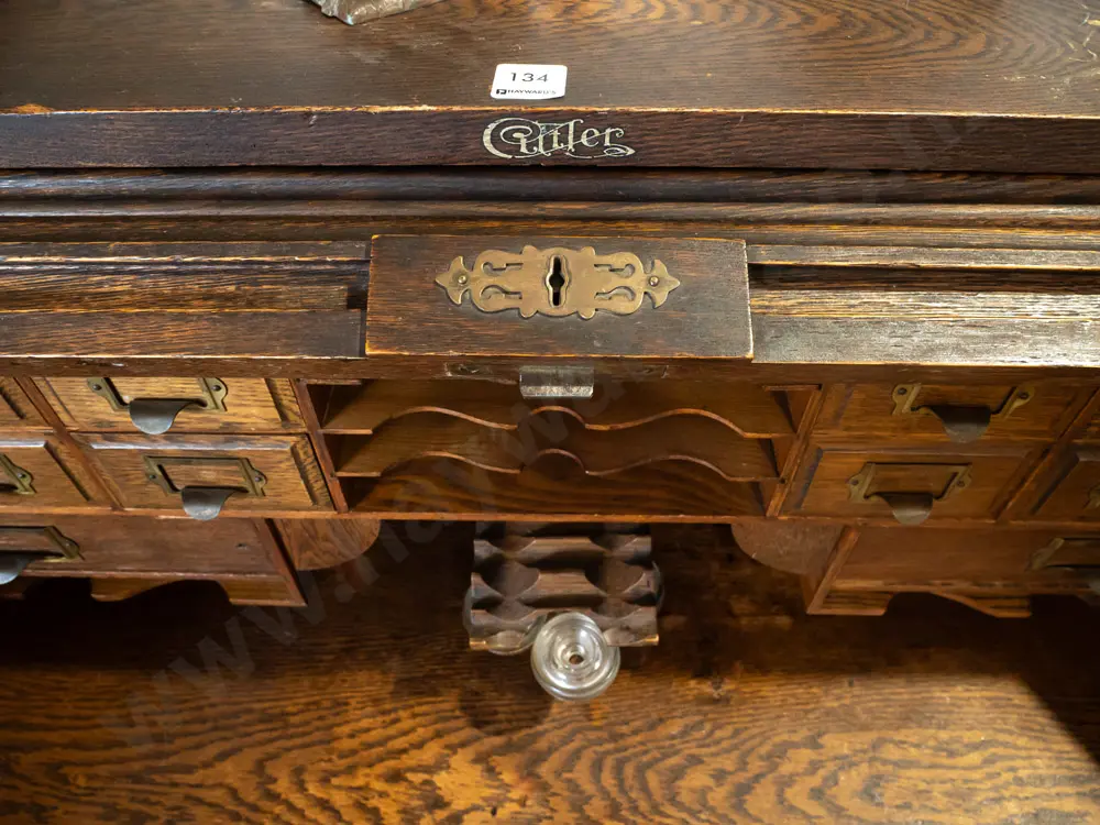 vintage oak Cutler wave roll desk, single pedestal, 4 drawers with slide top, with internal locking Image 1++