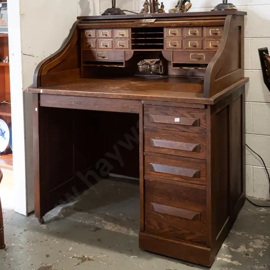 vintage oak Cutler wave roll desk, single pedestal, 4 drawers with slide top, with internal locking