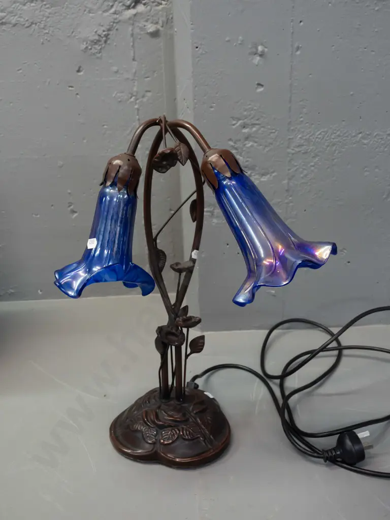 reproduction deco style lily motif table lamp with 2 lustre cobalt blue glass shades, cast metal bronze finish base - Image 1++