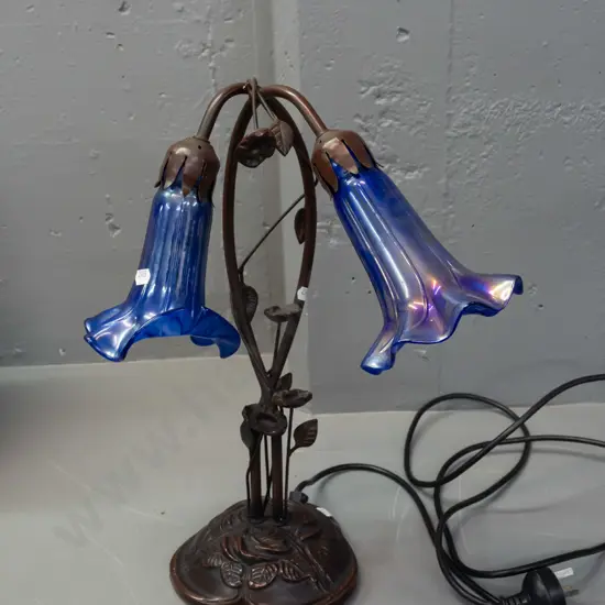 reproduction deco style lily motif table lamp with 2 lustre cobalt blue glass shades, cast metal bronze finish base -