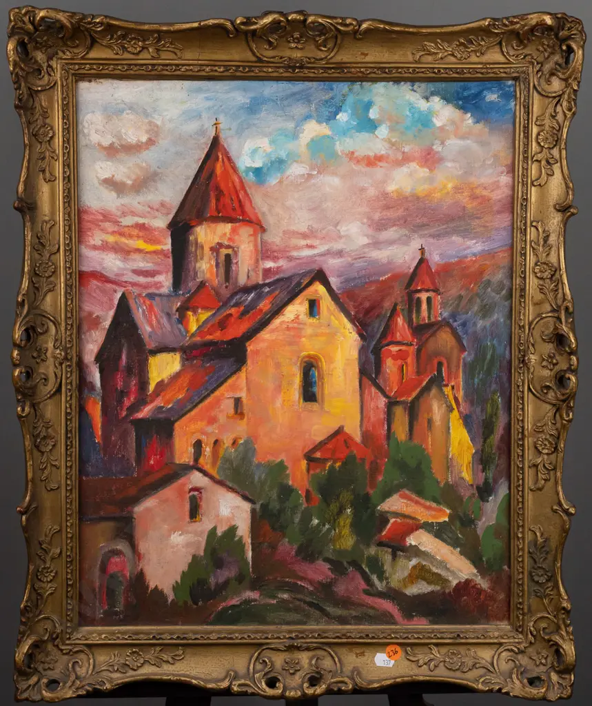 unsigned gilt-framed oil onboard - "by Hardwicke Knight" written on back - European monastery H-490 W-390 - some loss of Image 1++