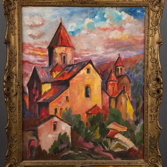 unsigned gilt-framed oil onboard - "by Hardwicke Knight" written on back - European monastery H-490 W-390 - some loss of