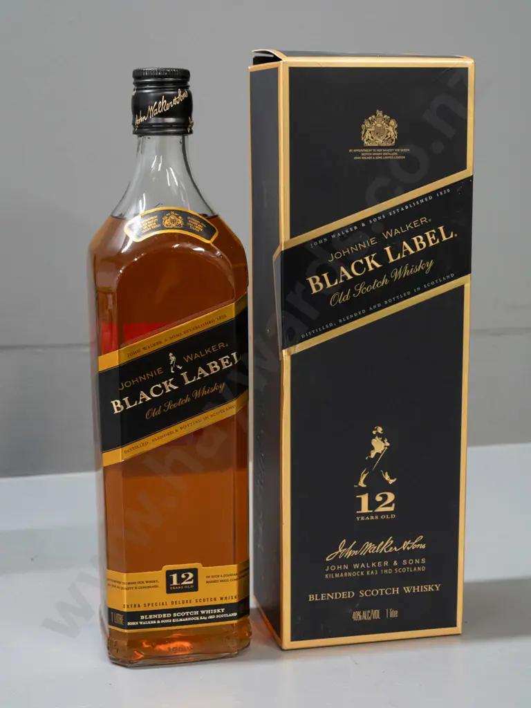 boxed 1l bottle Johnnie Walker Black Label 12 Year Old scotch whisky Image 1++