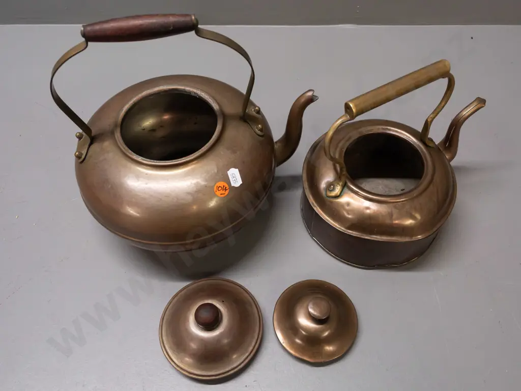 2 vintage copper plated kettles / teapots with brass handles - one with wooden handle and knob marked M.L.P. Chch Image 1++