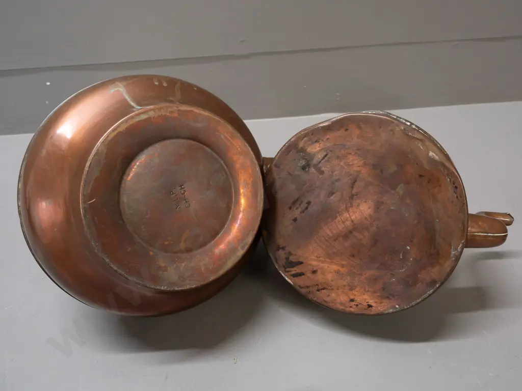 2 vintage copper plated kettles / teapots with brass handles - one with wooden handle and knob marked M.L.P. Chch Image 1++