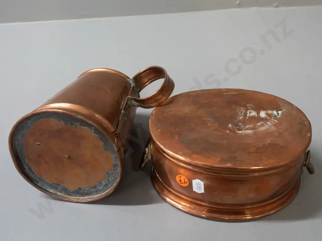 vintage oval copper trough or dish with applied brass handles W-190 & a copper tankard with some denting, marked England Image 1++