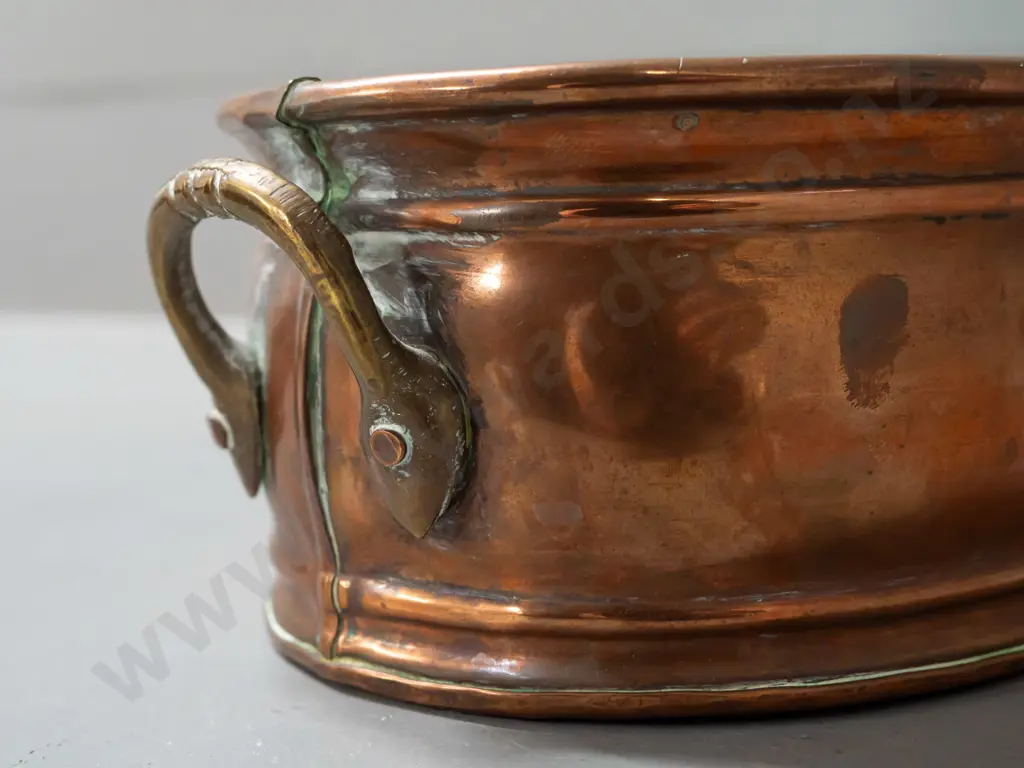 vintage oval copper trough or dish with applied brass handles W-190 & a copper tankard with some denting, marked England Image 1++