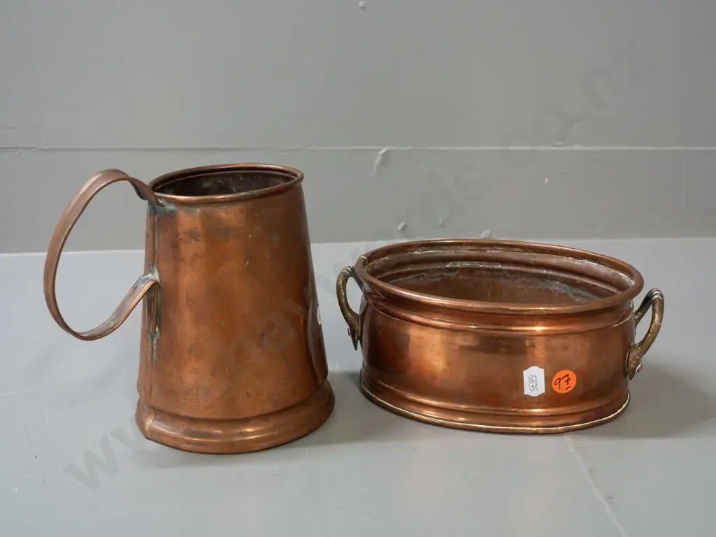 vintage oval copper trough or dish with applied brass handles W-190 & a copper tankard with some denting, marked England Image 1++