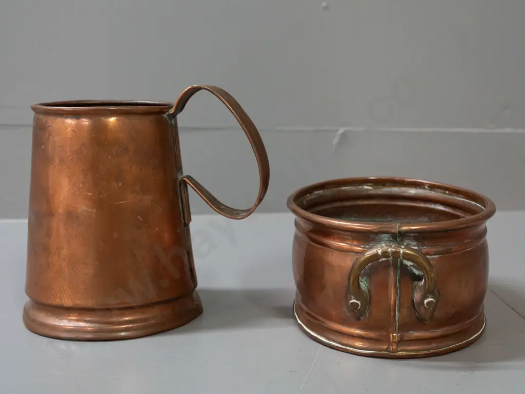 vintage oval copper trough or dish with applied brass handles W-190 & a copper tankard with some denting, marked England Image 1++