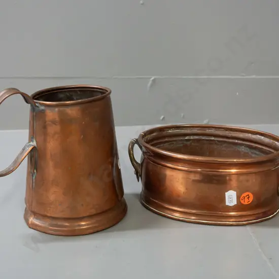 vintage oval copper trough or dish with applied brass handles W-190 & a copper tankard with some denting, marked England