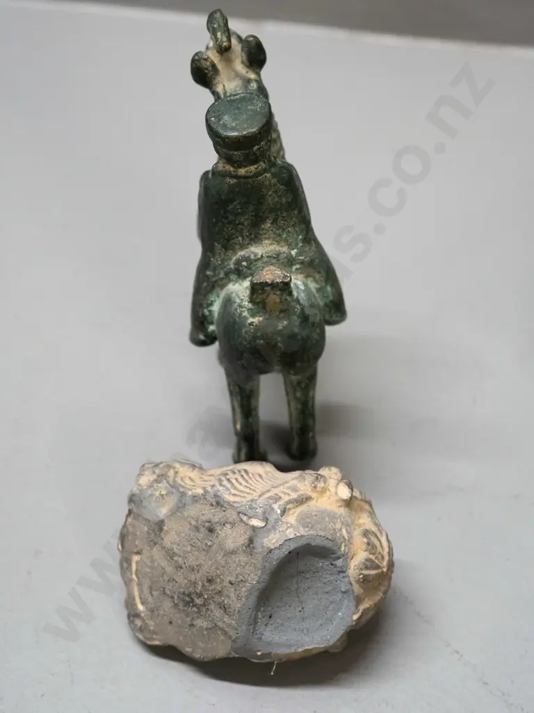 2 Asian cast metal (bronze?) horse figures and a cast clay head with a piece broken off the back - horse with rider is Image 1++