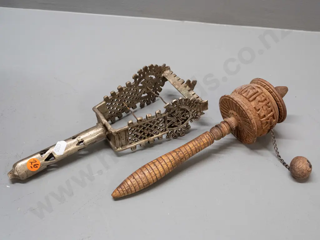 Tibetan wooden prayer wheel and a metal rattle with pierced decoration and handle L-250 Image 1++