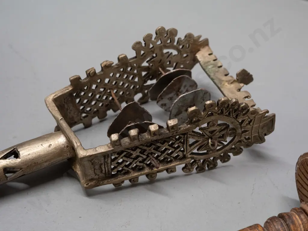 Tibetan wooden prayer wheel and a metal rattle with pierced decoration and handle L-250 Image 1++