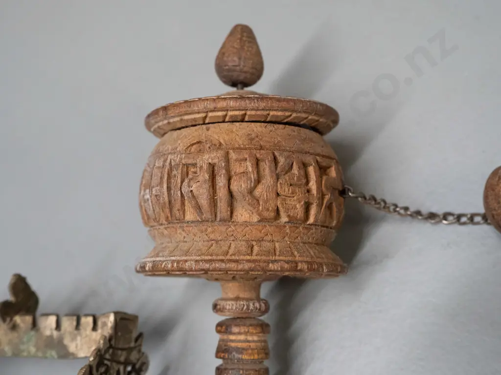 Tibetan wooden prayer wheel and a metal rattle with pierced decoration and handle L-250 Image 1++
