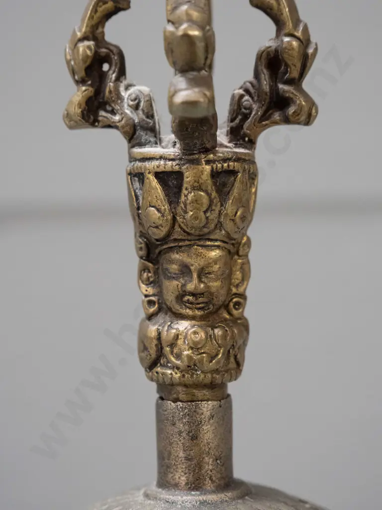 cast brass (Tibetan?) temple bell with pierced handle finial, bright ringing tone H-160 D-90 Image 1++