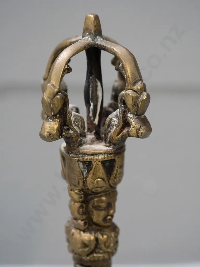 cast brass (Tibetan?) temple bell with pierced handle finial, bright ringing tone H-160 D-90 Image 1++
