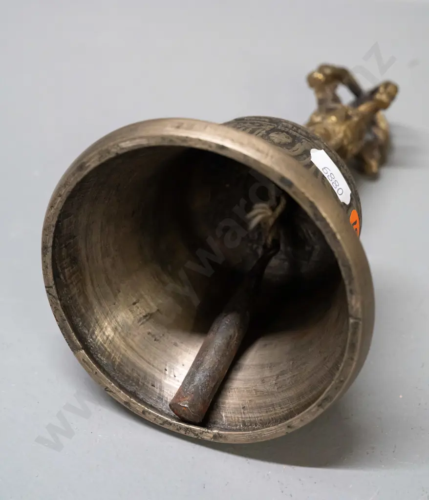 cast brass (Tibetan?) temple bell with pierced handle finial, bright ringing tone H-160 D-90 Image 1++