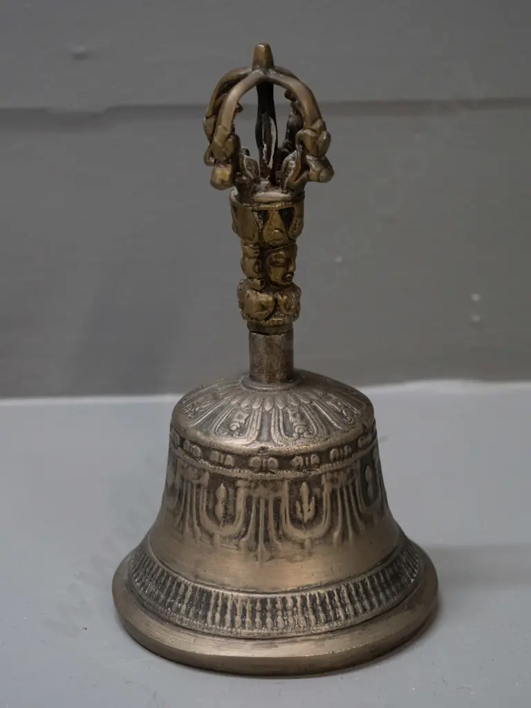 cast brass (Tibetan?) temple bell with pierced handle finial, bright ringing tone H-160 D-90 Image 1++