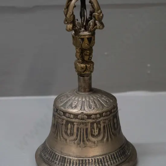 cast brass (Tibetan?) temple bell with pierced handle finial, bright ringing tone H-160 D-90