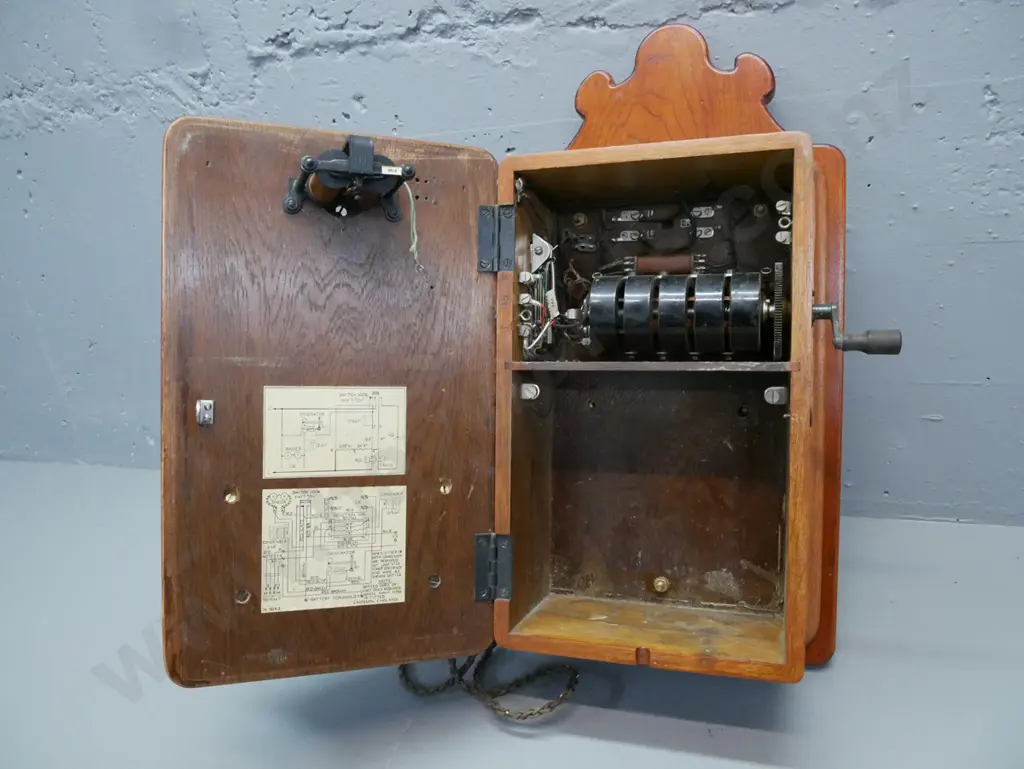 vintage Ericsson wall-mount telephone w/ crank & receiver, with aftermarket wooden mounting board. No battery, wiring Image 1++