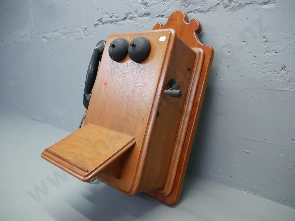 vintage Ericsson wall-mount telephone w/ crank & receiver, with aftermarket wooden mounting board. No battery, wiring Image 1++