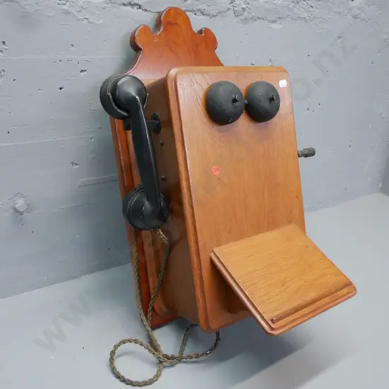 vintage Ericsson wall-mount telephone w/ crank & receiver, with aftermarket wooden mounting board. No battery, wiring