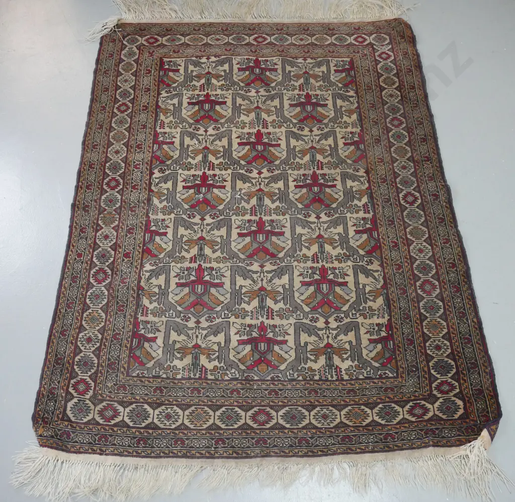 hand knotted Persian style floor rug. Reds, greys, greens, saffron colours, geometric pattern. Repairs Image 1++