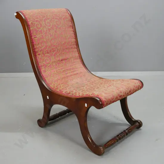 small vintage beech S shaped bedroom chair with red and fawn upholstery - slight fading. H710 W420 D540