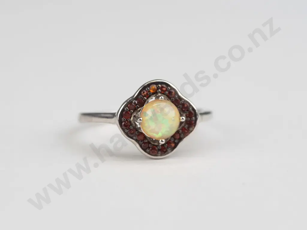 sterling silver opal and garnet ring 2gms size P/Q Image 1++