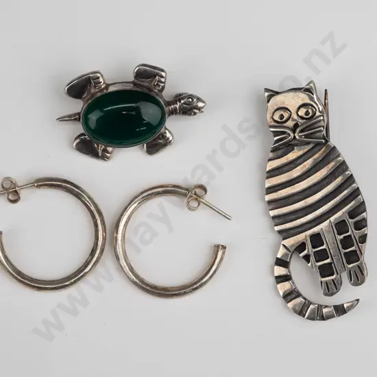 silver turtle brooch, silver cat brooch & silver hoop earrings all stamped 925