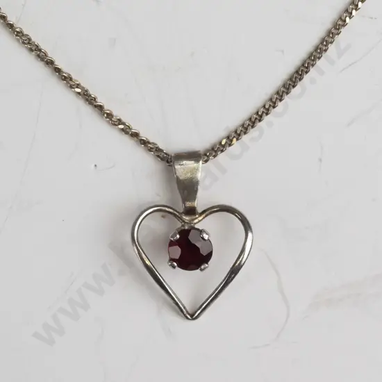 silver heart with garnet necklace stamped