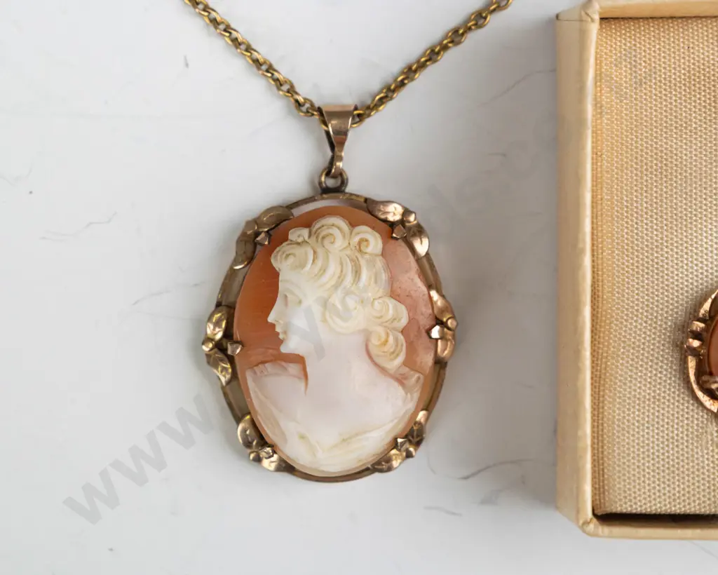 9ct cameo earrings [screw on]  & 9ct lined cameo necklace Image 1++