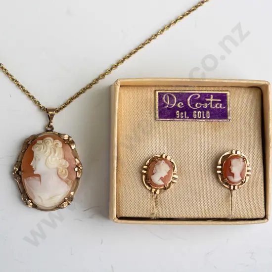 9ct cameo earrings [screw on]  & 9ct lined cameo necklace