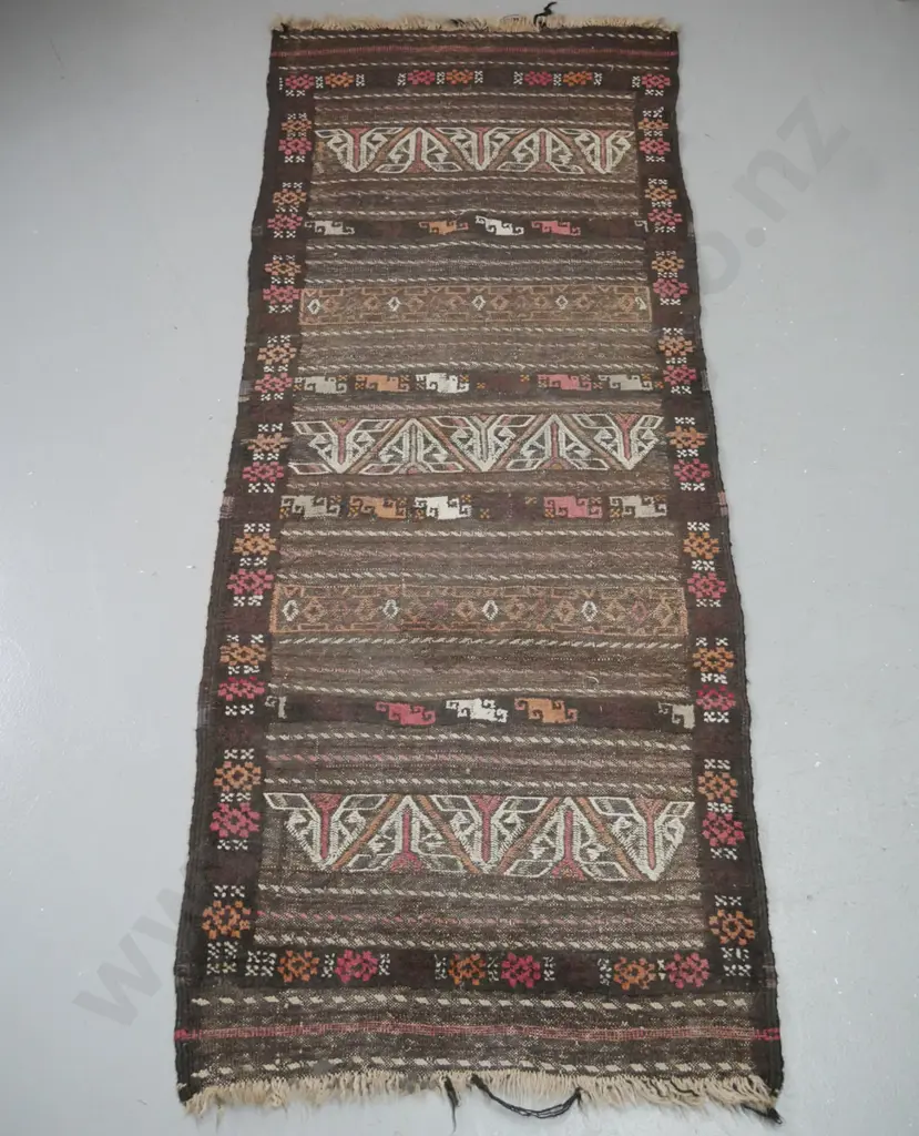 hand-knotted wool tribal pattern floor rug in browns and reds - fading and fringe is worn on both ends L-1860 W-670 Image 1++