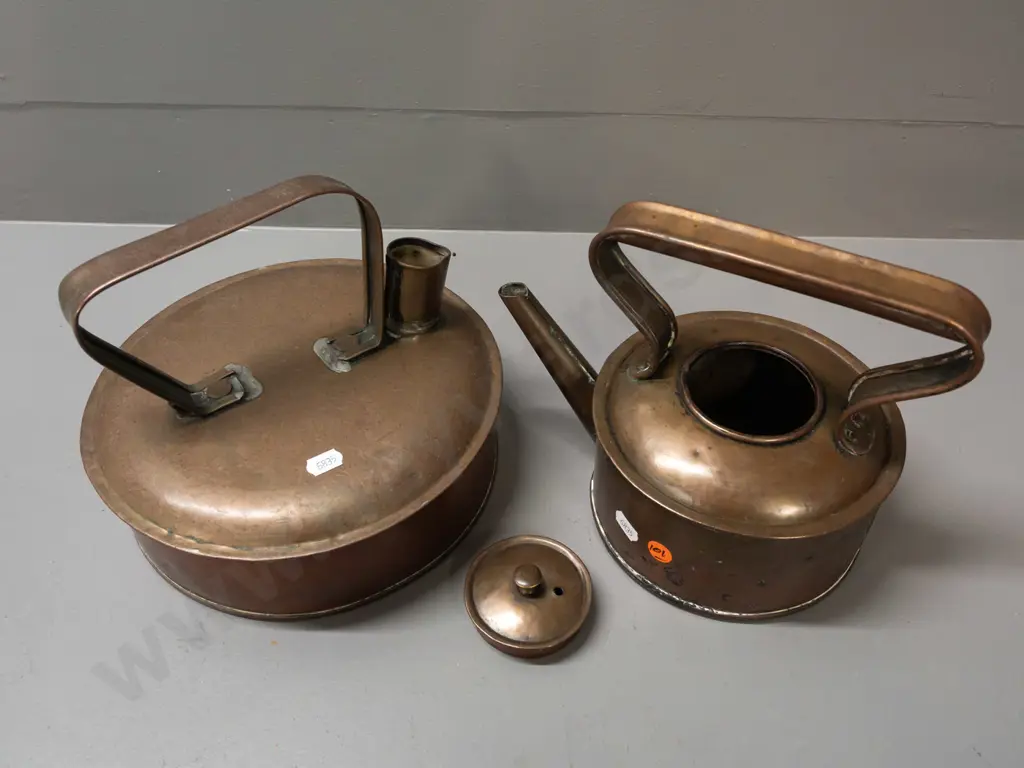 2 vintage rustically hand-made copper kettles - one with top mounted spout, other with hollow handle, both with some Image 1++