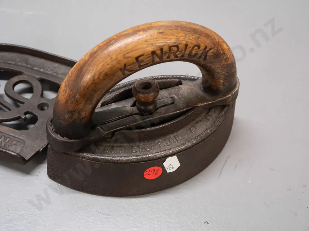 antique Kenrick sad iron marked in base Mrs. Potts / Bromwich England, and a cast iron trivet marked Enterprise Mfg Co Image 1++