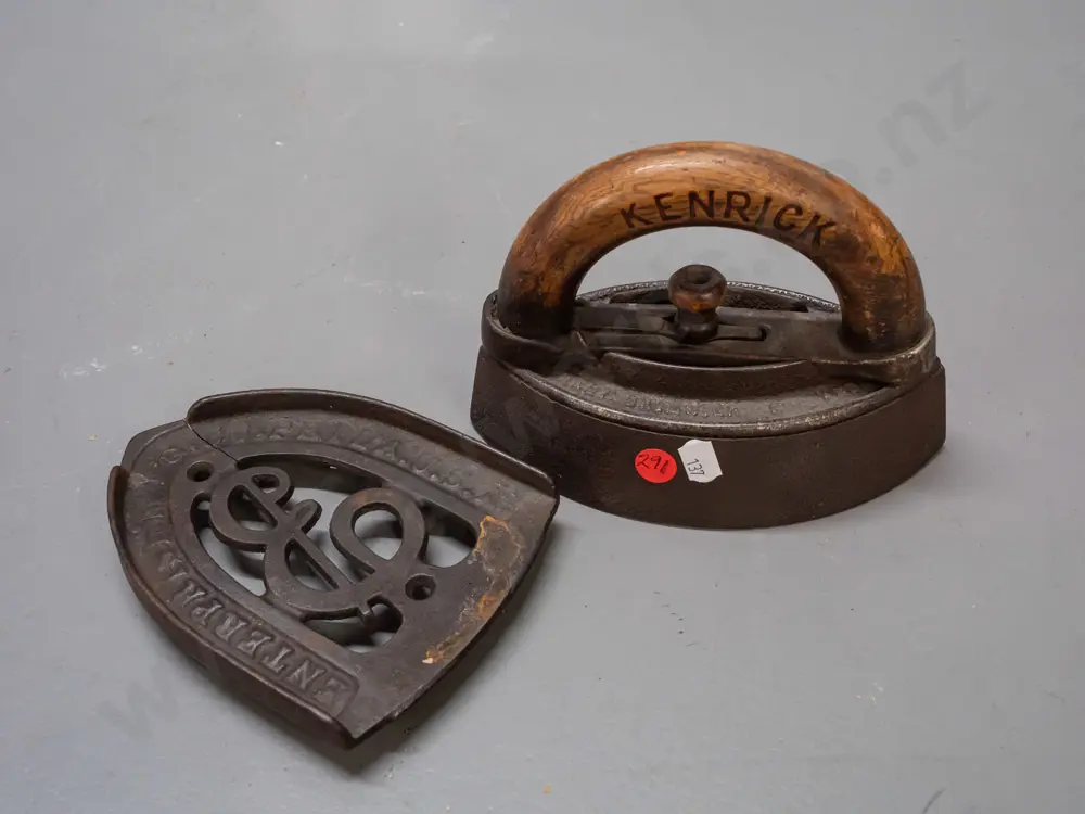 antique Kenrick sad iron marked in base Mrs. Potts / Bromwich England, and a cast iron trivet marked Enterprise Mfg Co Image 1++
