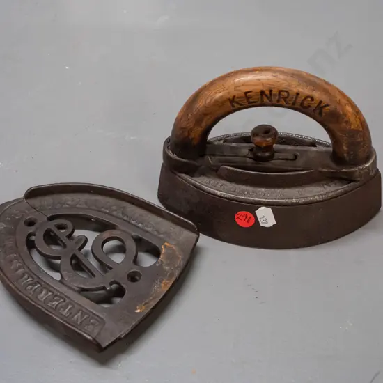 antique Kenrick sad iron marked in base Mrs. Potts / Bromwich England, and a cast iron trivet marked Enterprise Mfg Co