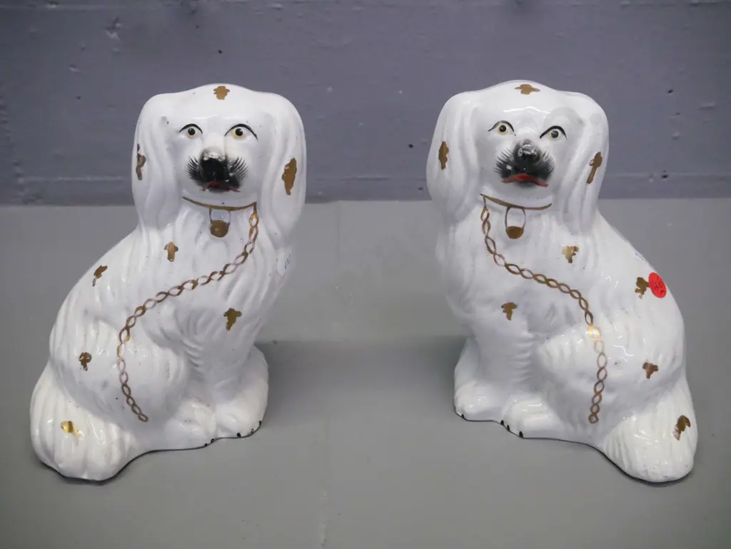 Pair of Staffordshire spaniels white body gilt decoration H-180 W-140 [crazing to body of both, chip to base & star Image 1++