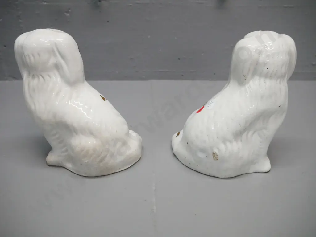 Pair of Staffordshire spaniels white body gilt decoration H-180 W-140 [crazing to body of both, chip to base & star Image 1++